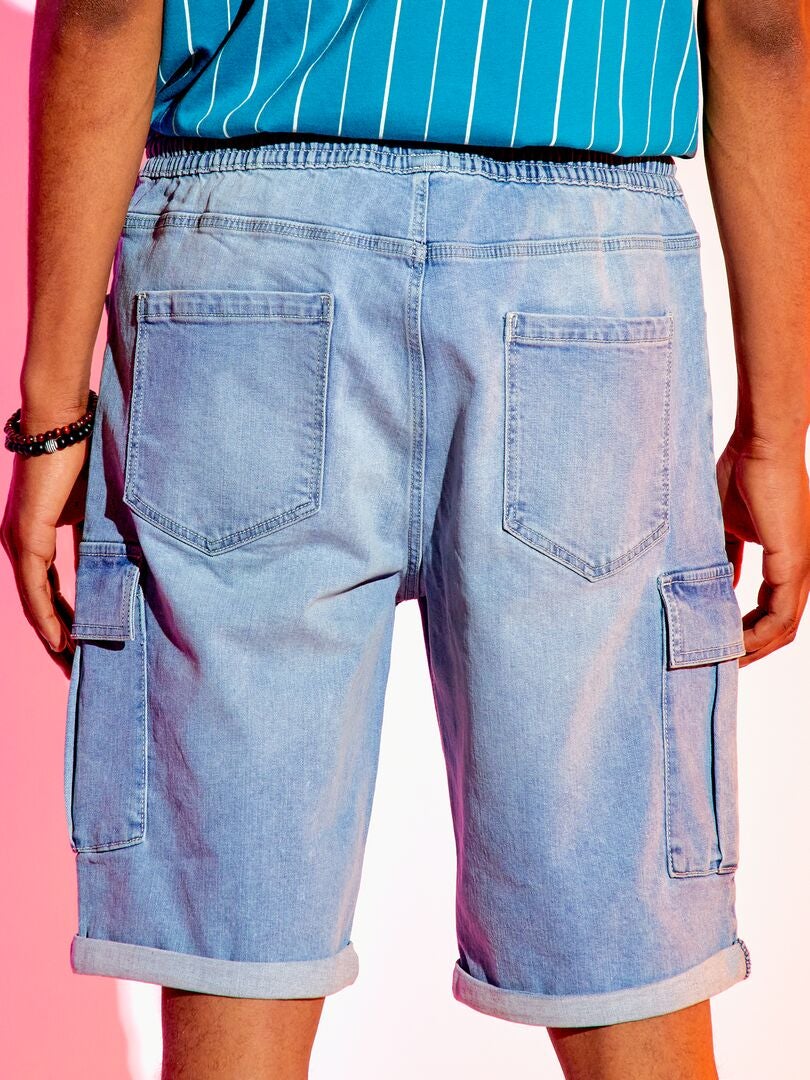 Denim bermudashorts met cargozakken - Blauw