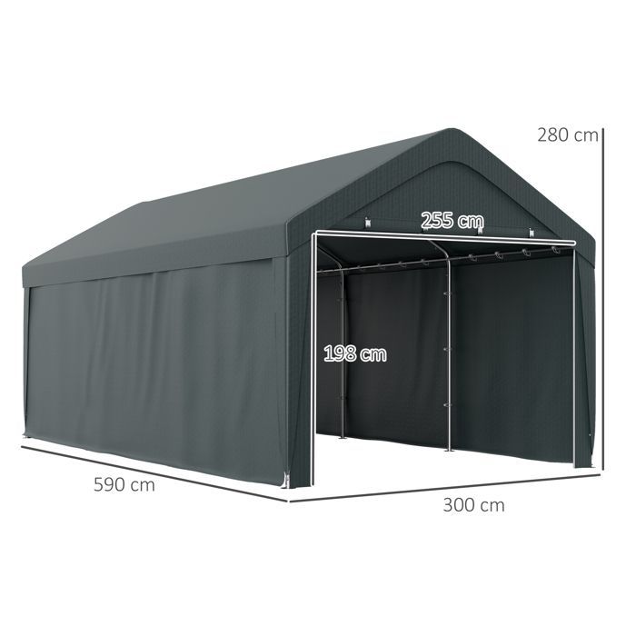Abri voiture extérieur - Outsunny - parois latérales amovibles, 2 portes zippées enroulables - PE et acier - 3 x 6 m - gris