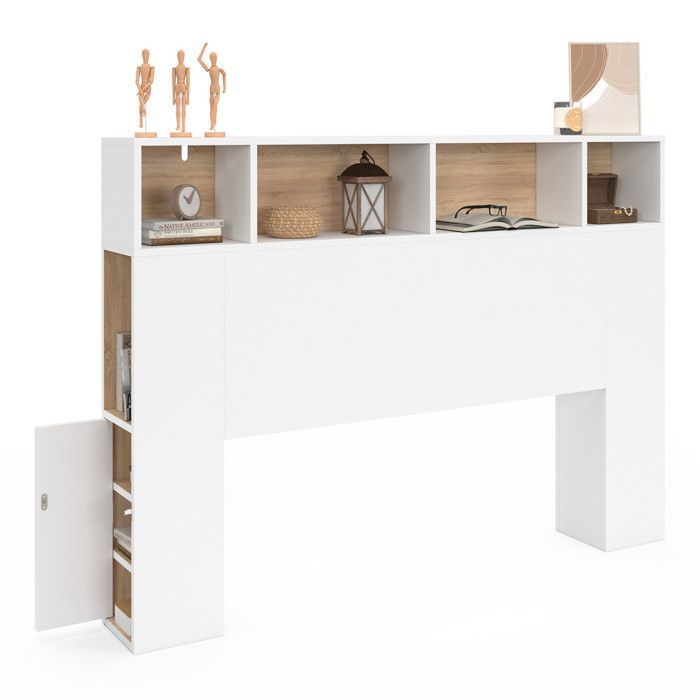 Cabecero independiente IDMARKET CLEO de 145 cm con almacenamiento cerrado y nichos, color blanco y efecto haya.
