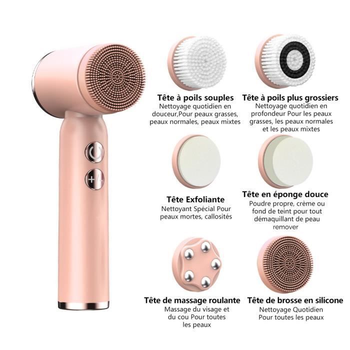 Brosse nettoyante pour le visage, épurateur électrique 6 en 1 pour le visage, rechargeable, étanche IPX6, avec 6 têtes de brosse