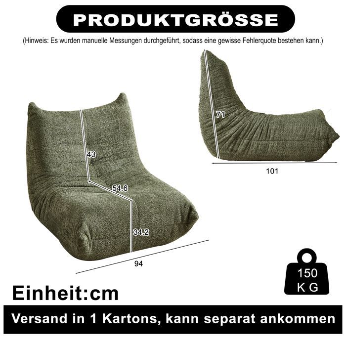Sitzsack im Togo-Stil mit Memory-Schaum, schlichtes Sofa für Wohnzimmer, Schlafzimmer und Büro – 94 x 101 x 71 cm, Grün
