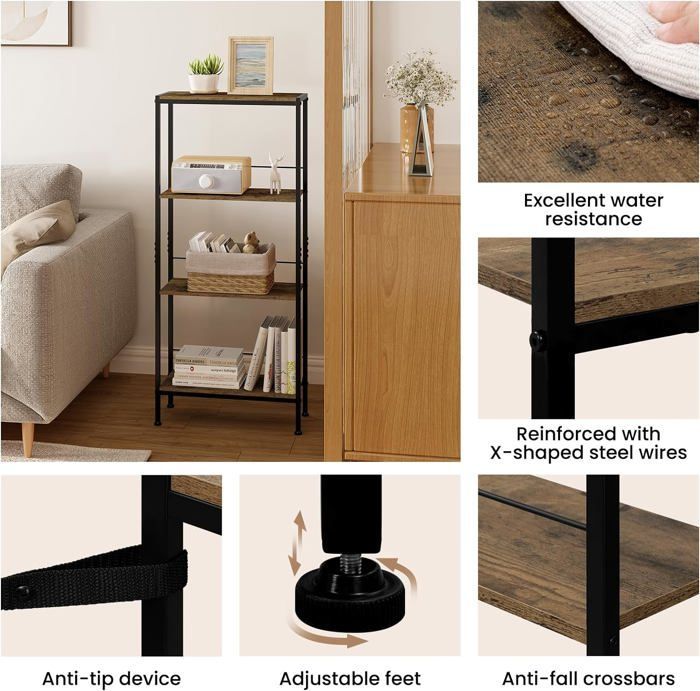 WOLTU Schmale 4-stufige Eckablage, für Küche und Wohnzimmer, MDF, Metallrahmen, Rustikales Braun + Schwarz, 50 x 20 x 110 cm