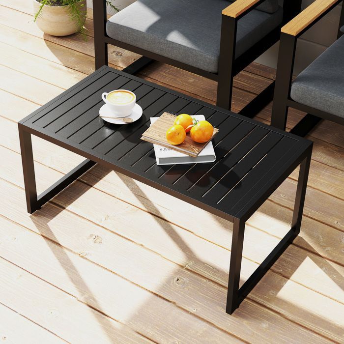 Mesa de centro para exteriores - Outsunny - tablero de listones - estructura de aluminio - para balcón, patio, terraza - 90 x 50 x 42 cm - negra