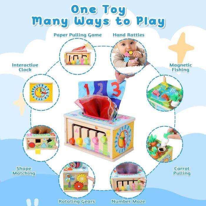 Jouet d'activité - Montessori - Cube d'activité Bébé - Bois et silicone - 8 en 1 - Mixte