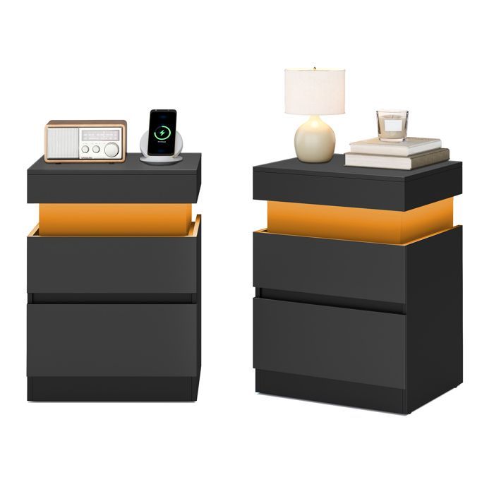Table de Chevet Moderne avec LED, Lot de 2, Table d’Appoint, 2 Tiroirs, Multiprise Intégrée, 35 x 40 x 55 cm, Noir
