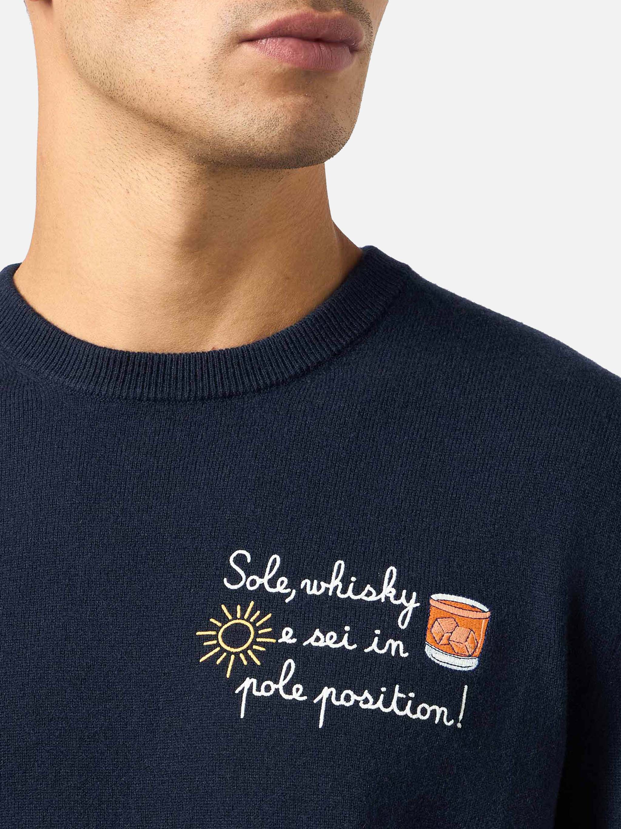 Heron Light Navy Blue Crewneck Sweater – 'Sole, Whisky e Sei in Pole Position!' Embroidery, Ribbed Hem & St. Barth Logo | VACANZE DI NATALE SPECIAL EDITION | MC2 Saint Barth