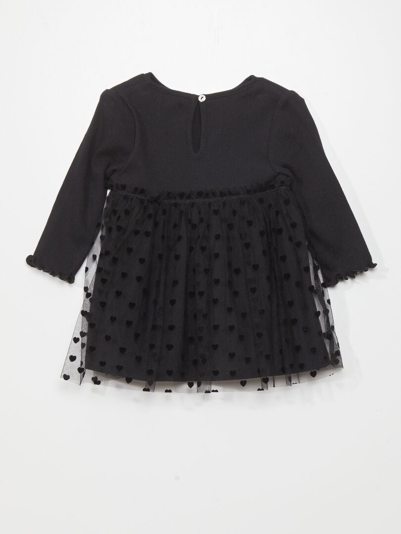 Jurk met ribbels en tule - ZWART
