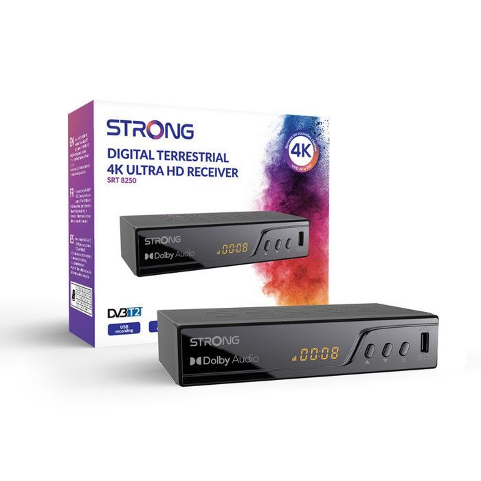 STRONG - SRT8250 Receptor Digital Terrestre 4K UHD - Gravador USB - HEVC265 - Dolby Digital Plus - HDMI, SCART - Guia de Programação - Tela