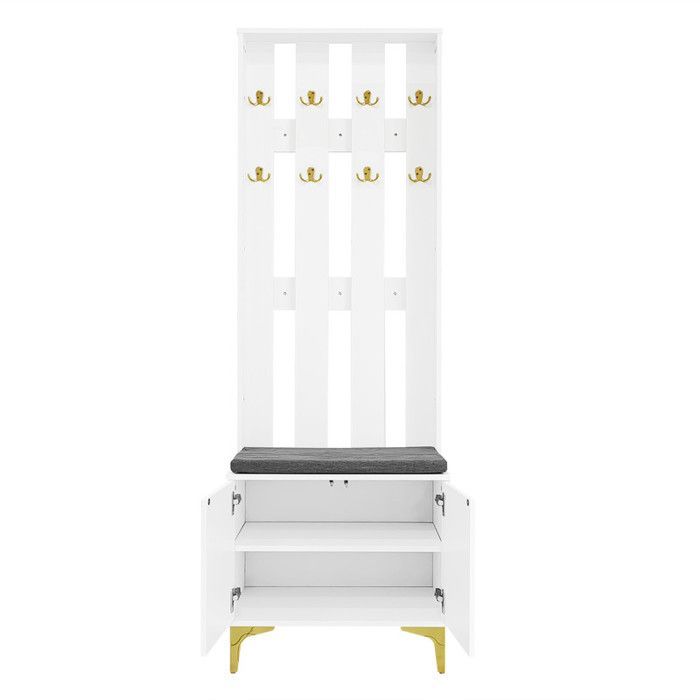 Entryway coat rack with shoe bench and cushion, Shoe cabinet with hooks, Entryway furniture in white, 60.5x35.2x180.5 cm
