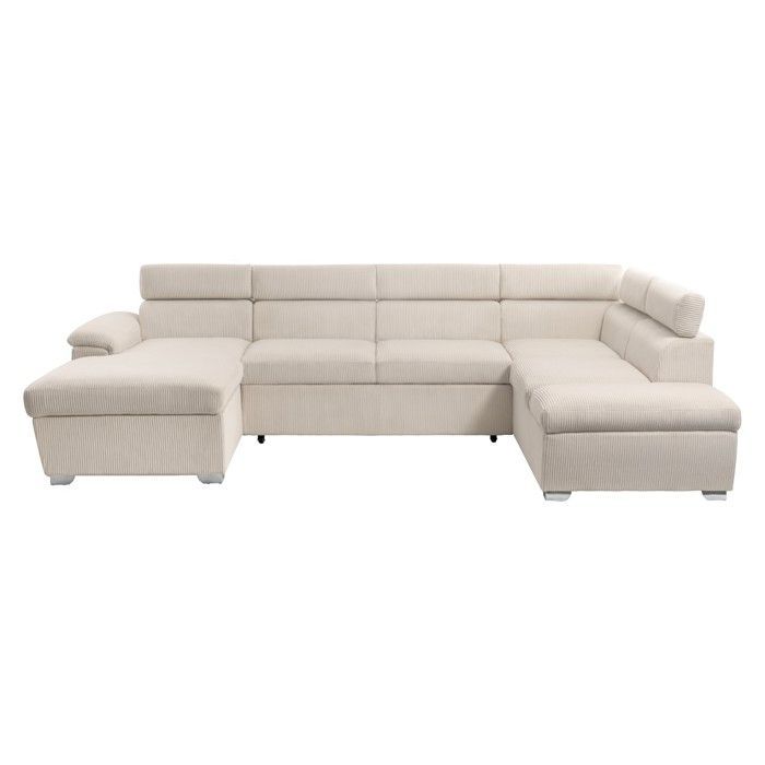 Sofá cama panorámico PAOLA de 6 plazas con 2 compartimentos de almacenamiento en pana beige.