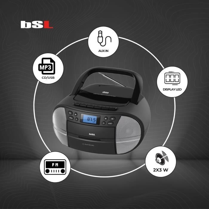 BSL Boombox JL2021A Portable CD Radio with Cassette and Bluetooth, 6W RMS Power, FM Radio and USB Port, Compatible with USB