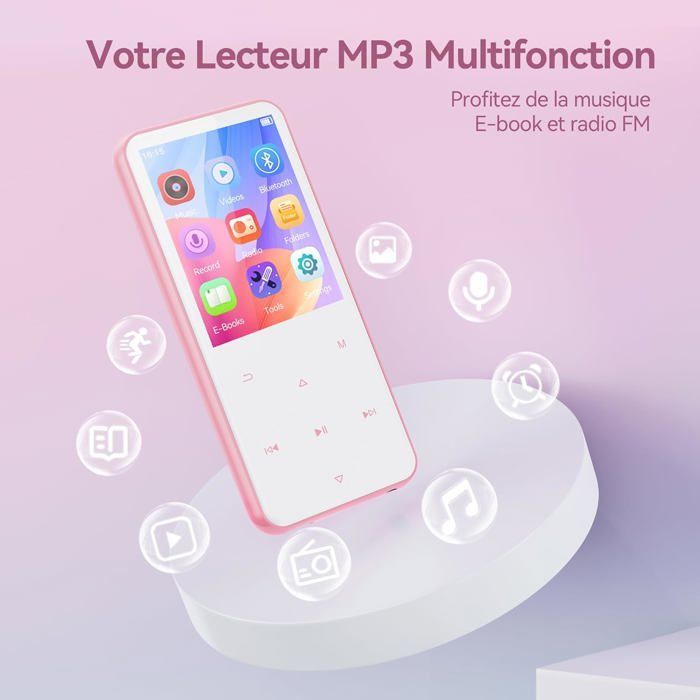 AGPTEK 64Go MP3 Bluetooth 5.3, 2.4‘’ Grand Écran, Haut-Parleur Lecteur Musical HiFi avec Bouton Tactile/Radio FM/Enregistreur, Rose