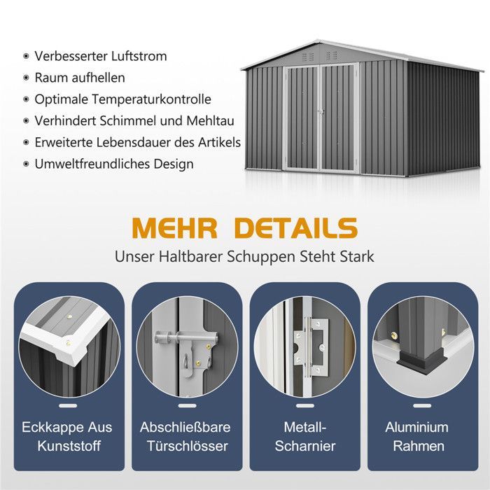 Gartenhaus, großes 6,9 m² Metall-Gartenhaus mit Türschloss, Belüftungsöffnungen, 300 x 252 x 191 cm, Grau