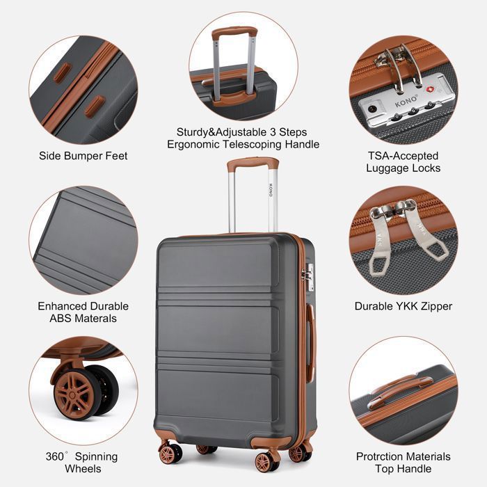 Kono 6-teiliges Reisekoffer-Set (28/51,5/65/75 cm) + Sport-Reisetasche mit Kosmetiktasche, Grau