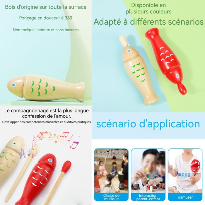 Percussion Instrument Guiro en bois 2pcs 15cmx5cm Type de poisson Matériau bois instruments de musique pour enfants early learning
