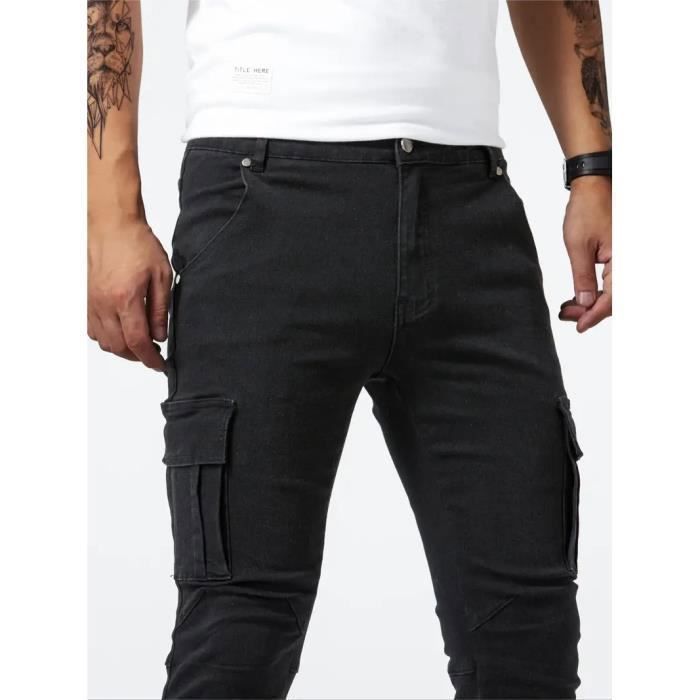 Pantalones vaqueros cargo para hombre INSFITY - Corte ajustado, multibolsillos, color negro