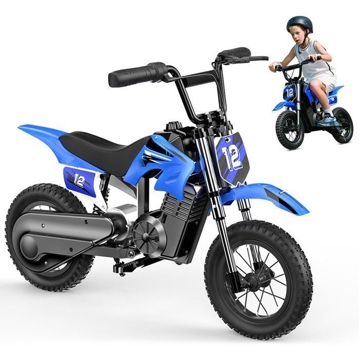 Moto électrique Enfant A12-Bleue-12''-350W-36V5,2 Ah-Charge Maximale 70 kg-Trois Vitesses-Sonnette-Autonomie 22 km-Tout terrain