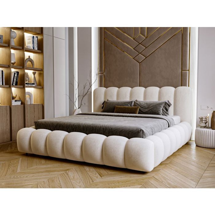 Bed frame - Velvet fabric - Slatted base - Beige bed - Averia 140x200