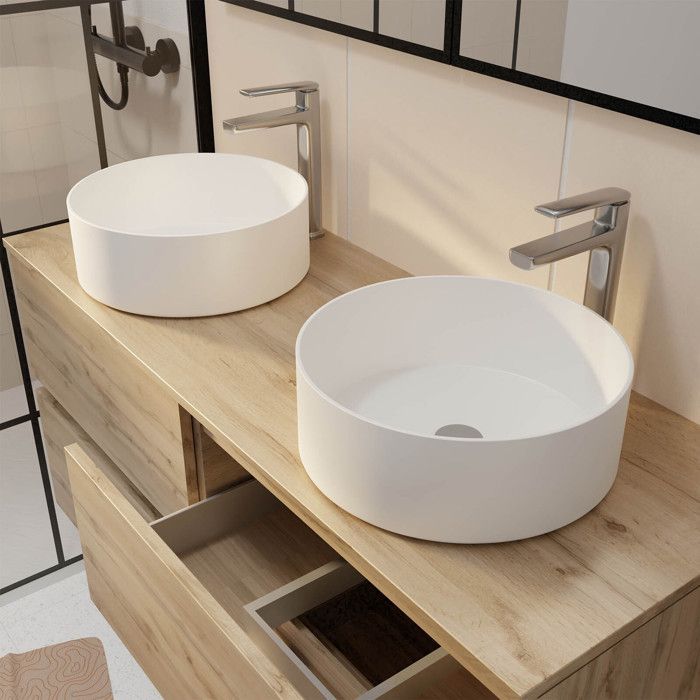 Mueble de baño de 120 cm con 4 cajones en roble natural - 2 lavabos redondos de cerámica blanca de 36 cm