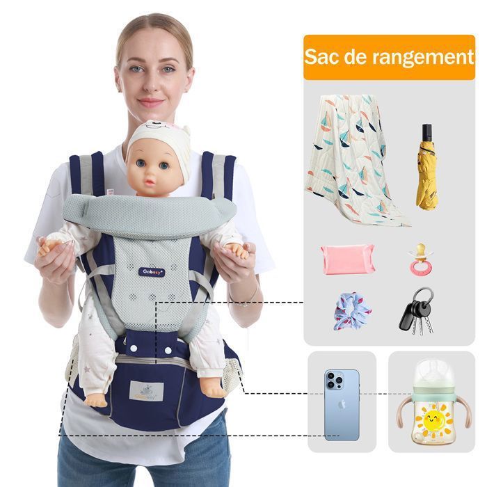 Porte Bébé Ergonomique Physiologique, Bonne respirabilité Convient à toutes les saisons,Facile à Porter, pour 0 à 36 Mois Bébé Bleu