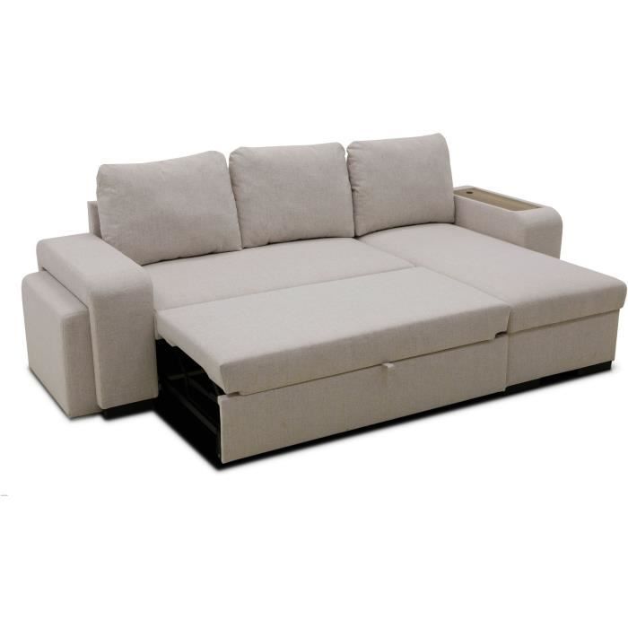 VALDO 3-4-zits omkeerbare hoekbank met slaapfunctie - Beige stof - Tablet met USB-poort - Opbergruimte + poef - B247xD143xH86 cm