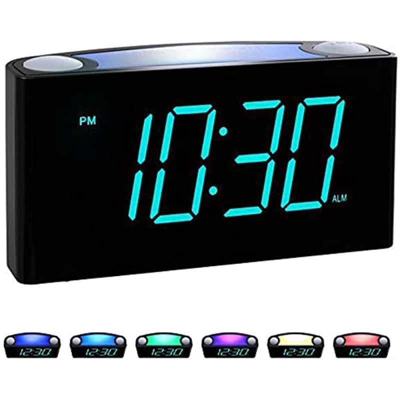 Rocam wekker voor de slaapkamer - Groot 7-inch LED-display met dimmer, snooze-functie, 7 nachtlampjes, eenvoudig in te stellen, USB-oplader, batterijback-up, 12/24-uurs weergave voor kinderen, jongens, tieners en diepe slapers (blauw)