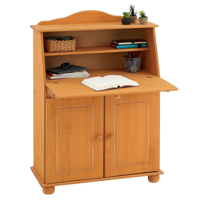 Escritorio secretaria DAVID con almacenamiento frontal abatible, múltiples estantes, 2 puertas, encimera plegable, fabricado en pino macizo teñido y encerado.