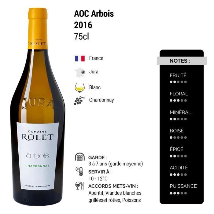Arbois Chardonnay Blanc 2016 - Caja de 6 botellas de 75 cl - Domaine Rolet - Vino blanco AOC Jura - Variedad de uva Chardonnay
