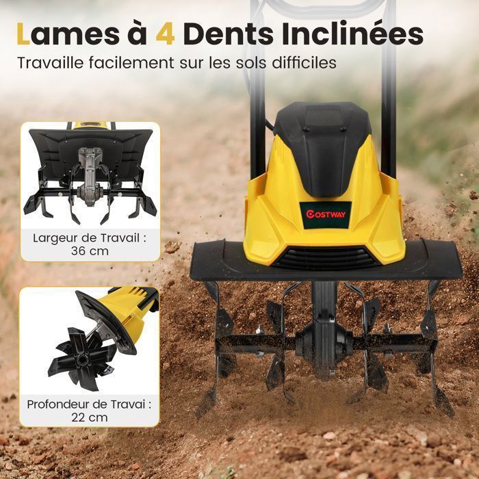 Motobineuse Motoculteur 1200W COSTWAY-Largeur 32cm,Profondeur 22cm-Interrupteur de Sécurité-Capot-4 Fraises-Poignée Pliable-Jaune