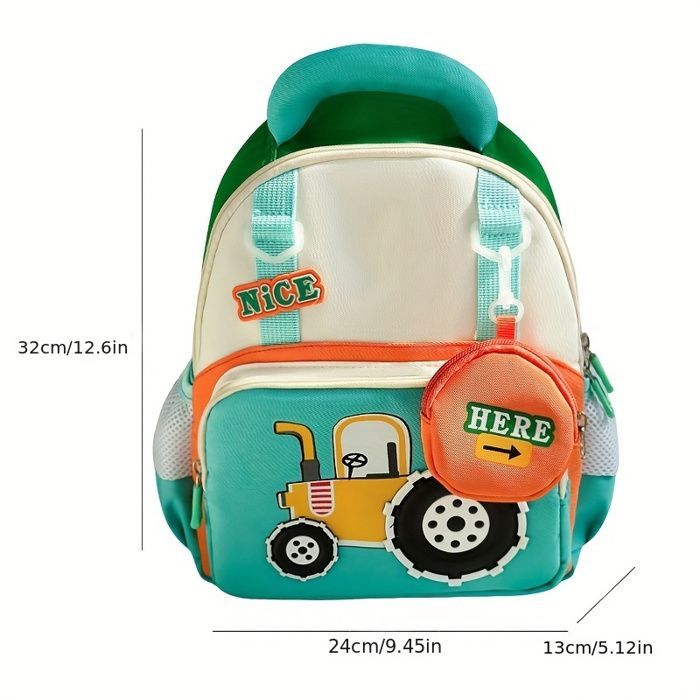 Mochila escolar infantil con diseño de dibujos animados - Verde y amarillo - Para niños de preescolar a 2.º a 6.º grado - Tejido fácil de limpiar - Mochila plegable