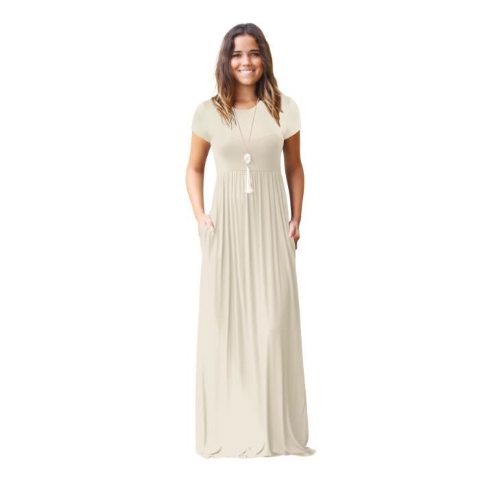 Robe Longue Femme Ete Manches Courtes Col Rond Casual Robe Couleur Unie Avec Poches - Abricot
