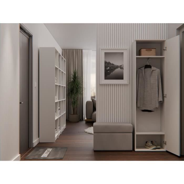 Meuble d’entrée avec grand miroir - ATARA - 180x50x35 cm - 2 étagères + penderie - Vestiaire - Beige
