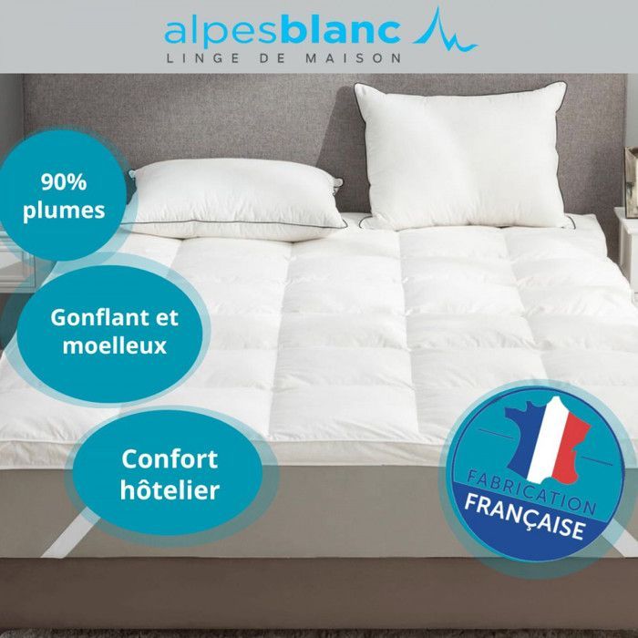 ALPES BLANC - Cubrecolchón de plumas 180x200 cm – Fabricado en Francia – Comodidad de hotel de alta gama – Funda de percal