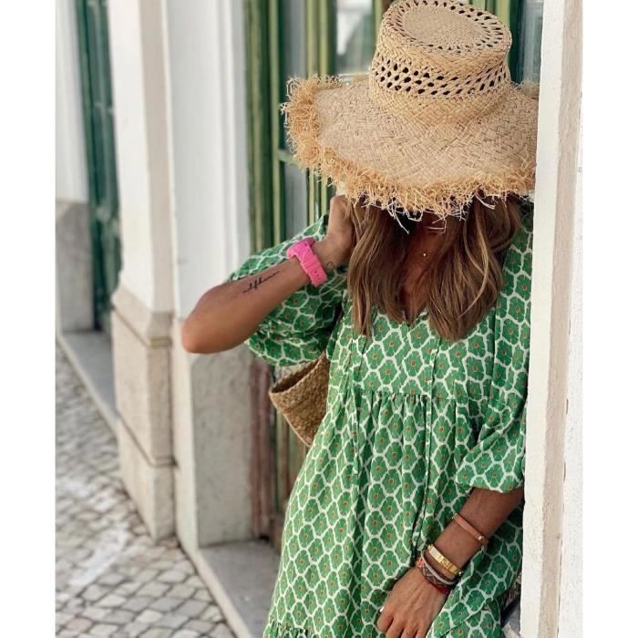 Elegante vestido largo con mangas abullonadas para mujer, estampado floral informal, escote en V, verde verano.