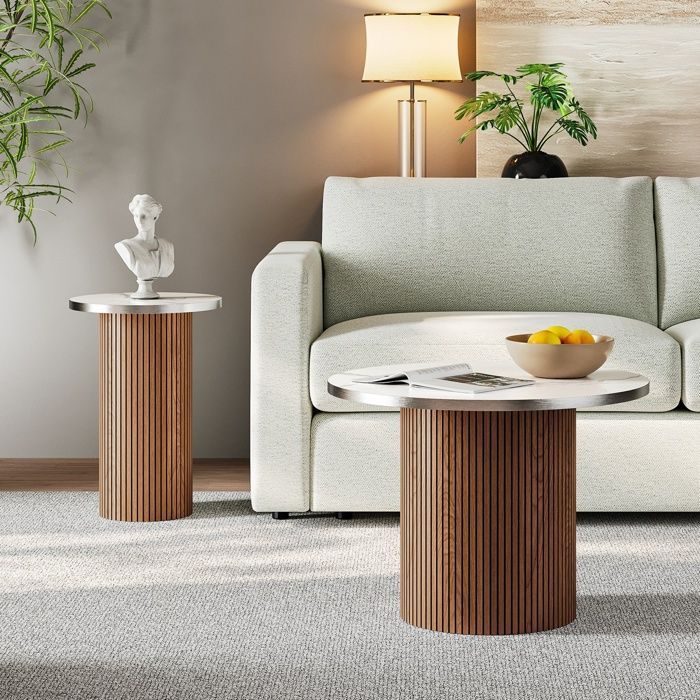 Round Coffee Table Set of 2 Marble Veneer Side Table Modern Minimalist Style 50x35+32x48cm Walnut