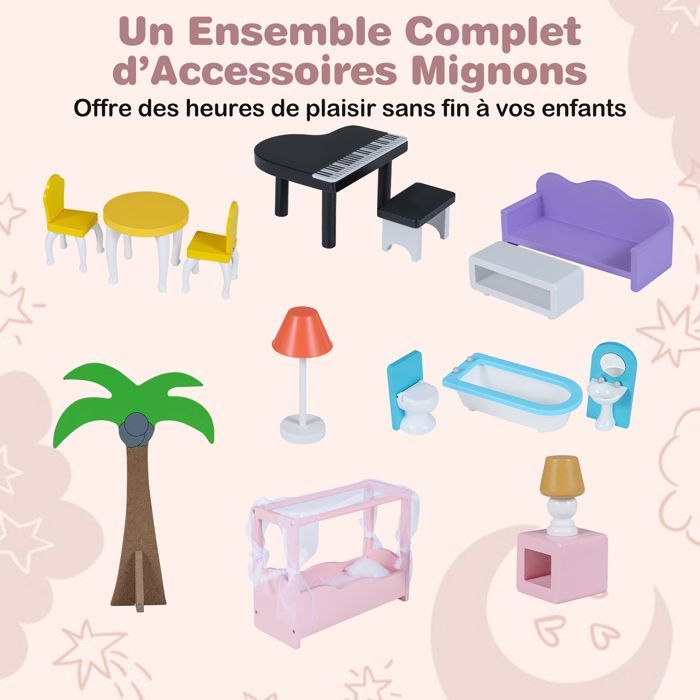 Maison de Poupée COSTWAY en Bois - 16 Accessoires avec 3 Étages  pour Filles et Garçons dès 3 Ans 102 x 34 x 120,5 cm (L x l x H)