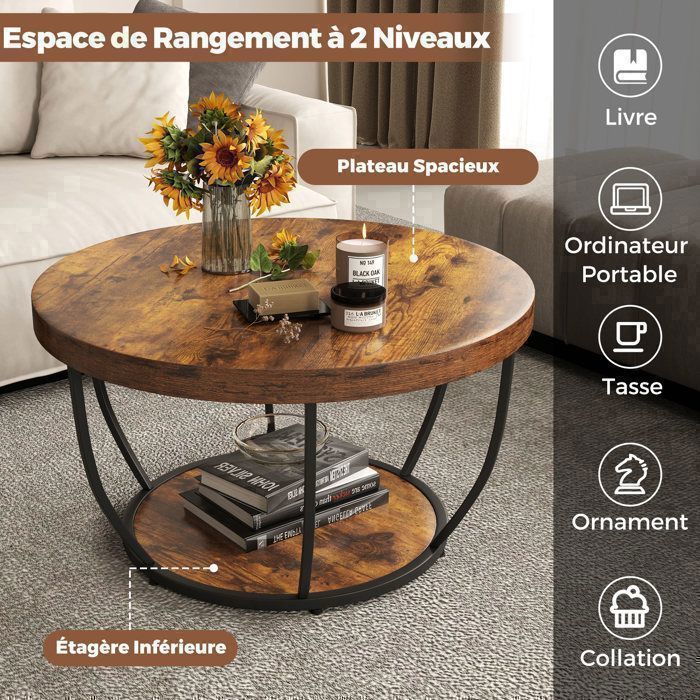 Mesa de centro COSTWAY de 80 cm y 2 niveles, estructura metálica, mesa de centro de madera, mesa auxiliar redonda para dormitorio, color marrón.