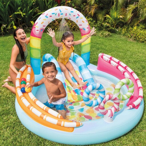  Piscine gonflable Intex avec diffuseur de bonbons, toboggan et jeux de balles