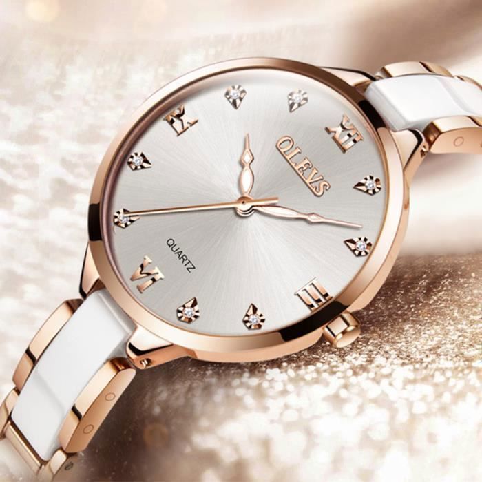 Reloj de mujer con diamantes de marca, brazalete de cerámica, resistente al agua, blanco, elegante, sofisticado, regalo de calidad.
