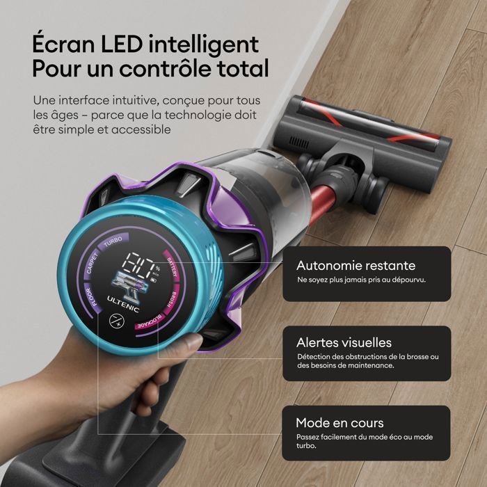 Aspirapolvere senza fili - ULTENIC - UU18 Power Pro - 80 kPa | 600 W | 150 AW - Autonomia 80 min - Batteria rimovibile