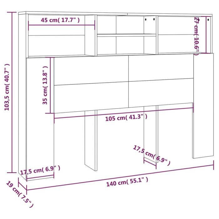 Cabecero con espacio de almacenamiento, mesita de noche, estante, 140 x 19 x 103,5 cm, MDF blanco, TDL0200107