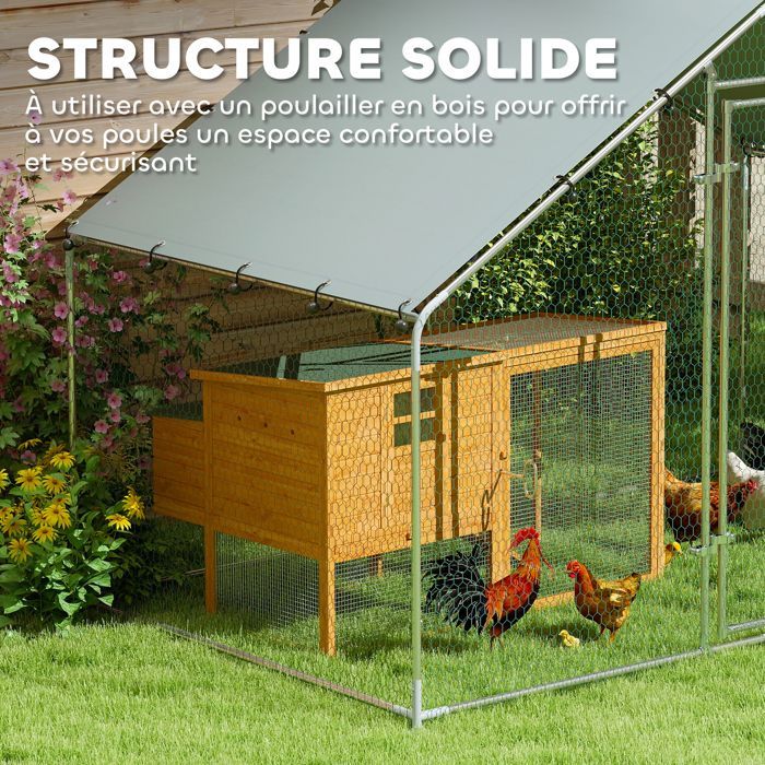 Gallinero PawHut - puerta con cerradura - 5-8 gallinas - cubierta impermeable y resistente a los rayos UV - acero galvanizado - 3x1,7x1,9 m - plateado
