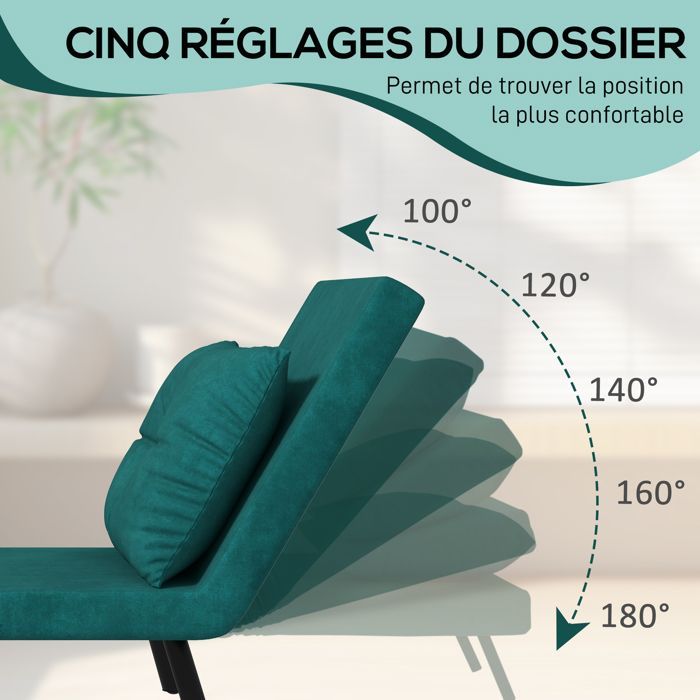 Sillón convertible - 1 plaza - HOMCOM - Sillón/cama 3 en 1 - Respaldo ajustable, almohada - Terciopelo - 63x73x81cm - Verde