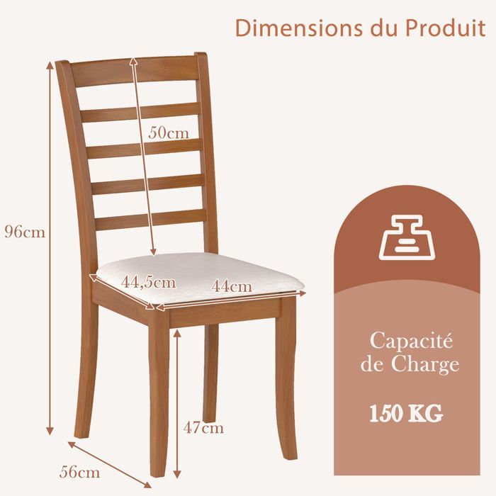 COSTWAY Set of 2 Hevea Wood Dining Chairs 44 x 56 x 96 cm - High Slatted Backrest - Seat 44 x 44.5 cm Upholstered Beige