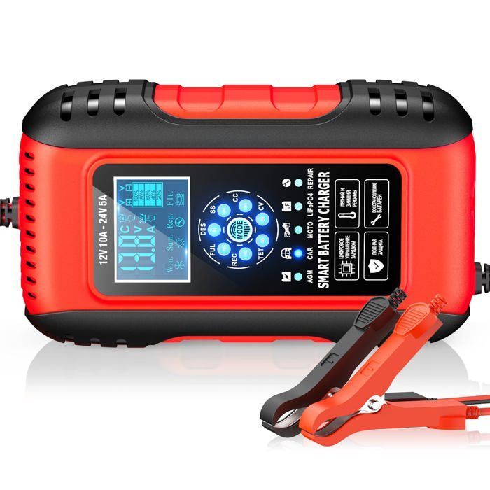 Cargador de baterías - AIMOONSA - 10A - 12V/24V - Pantalla LCD - Carga de mantenimiento
