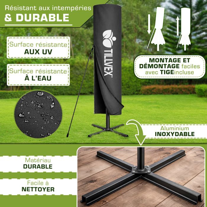 tillvex® LED Parasol déporté Ø 350 cm Anthracite – 360°, UV UPF 50+ avec manivelle, couverture & paravent, Pare-soleil avec pied