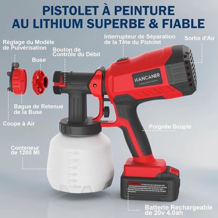 Pistolet à peinture électrique sans fil - 20V 4000mAh - 3 buses (1,5/1,8/2,2 mm) - 1100 ml/min - Cuve 1,2 L