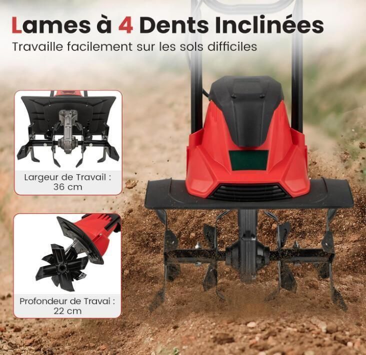 Motoculteur Electrique Filaire - RELAX4LIFE - 1200W - 4 Lames - Profondeur de Travail 22CM - Largeur de 36CM - Guidon Pliant -Rouge