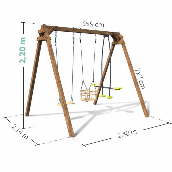 Portique en bois carré 3 agrès avec balançoire bébé et face à face PIERRE