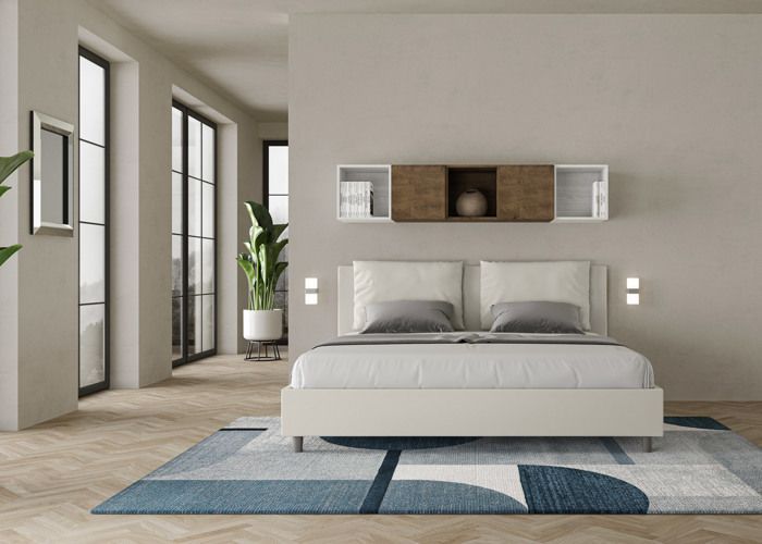 Cama king size - Ityhome - Antea - 200x210 cm - Piel sintética blanca - Base de láminas incluida